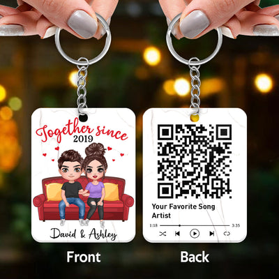 Doll Couple Sitting On Sofa Favorite Song Scannable QR Code Personalized Acrylic Keychain