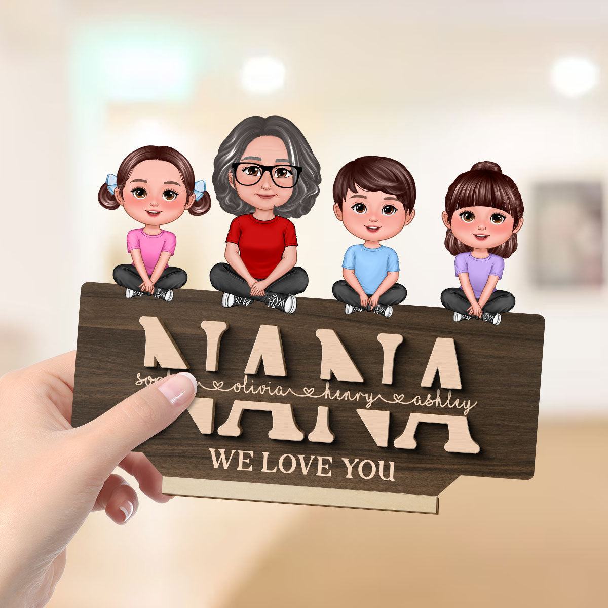 Mom Grandma We Love You Mother & Children Sitting On Word Personalized 2-Layer Standing Wooden Plaque