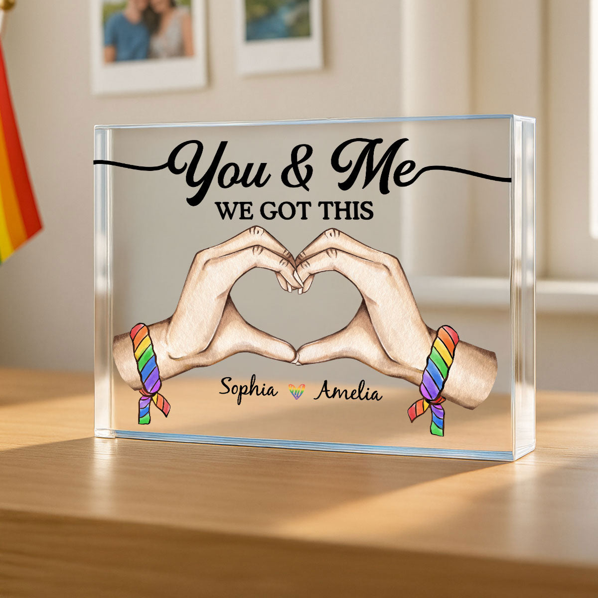 Pride Month LGBT Couple Heart Hands Personalized Rectangle Acrylic Block Plaque, Gift For Couple