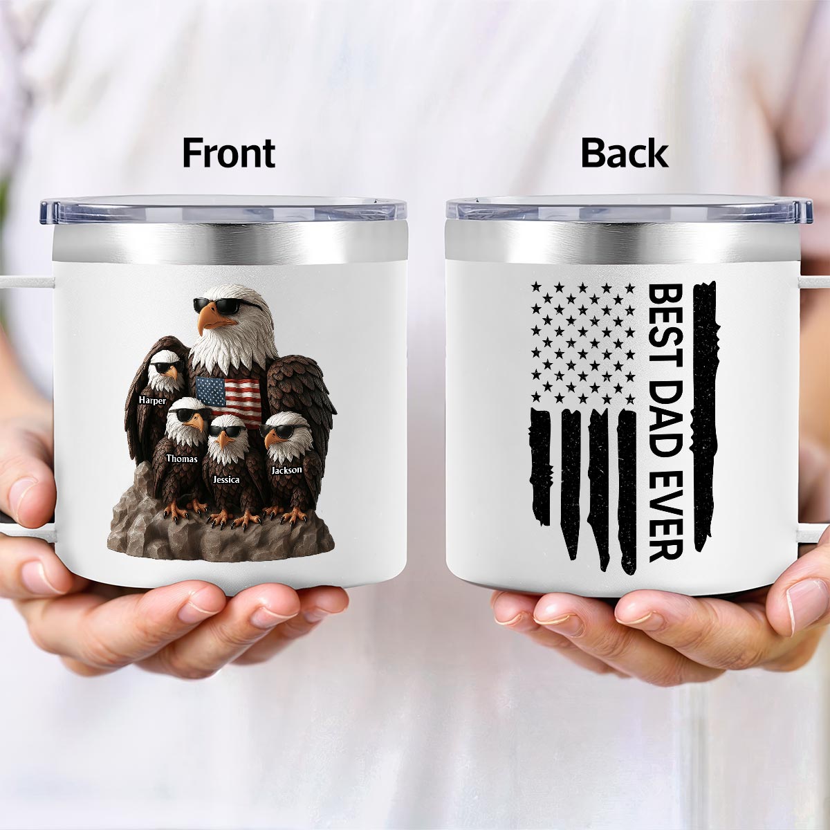 Patriotic Eagle Grandpa Dad & Kids 3D Effect Personalized Stainless Steel Tumbler With Handle