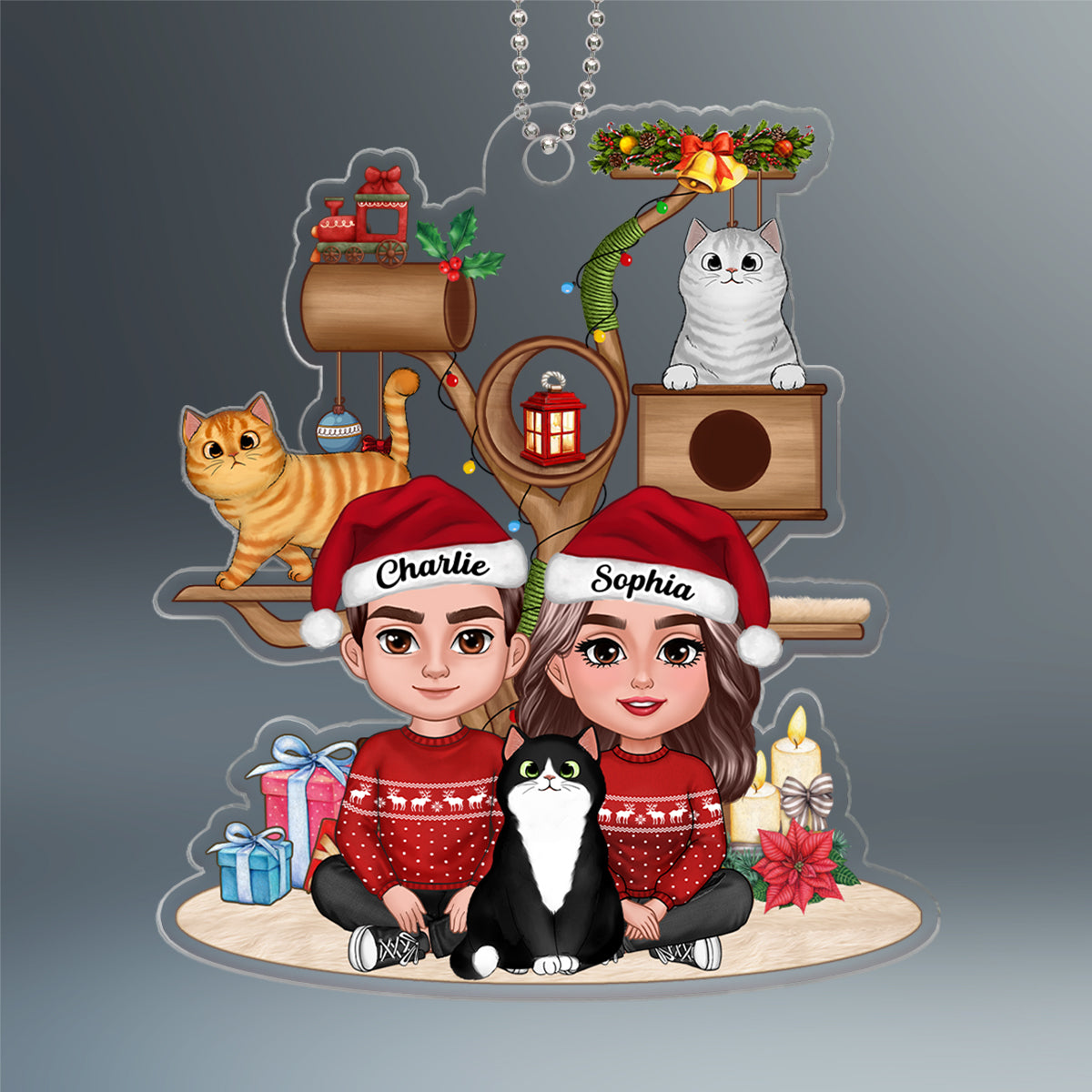 Couple & Cats By Christmas Cat Tower Gift For Cat Lover Personalized Acrylic Ornament