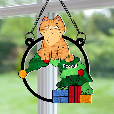 Funny Naughty Cat On Falling Christmas Tree Personalized Suncatcher, Christmas Decoration
