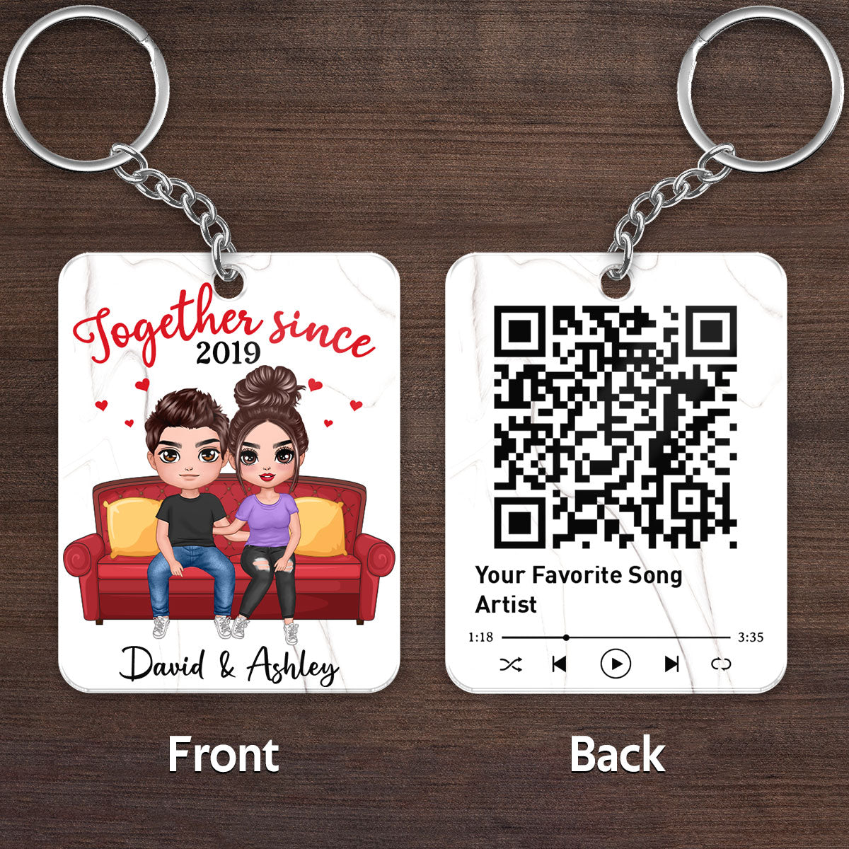 Doll Couple Sitting On Sofa Favorite Song Scannable QR Code Personalized Acrylic Keychain