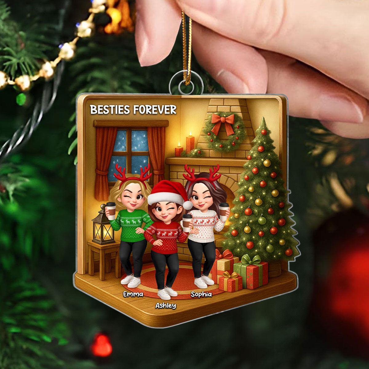 Christmas Besties Sisters In House 3D Effect Personalized Acrylic Ornament