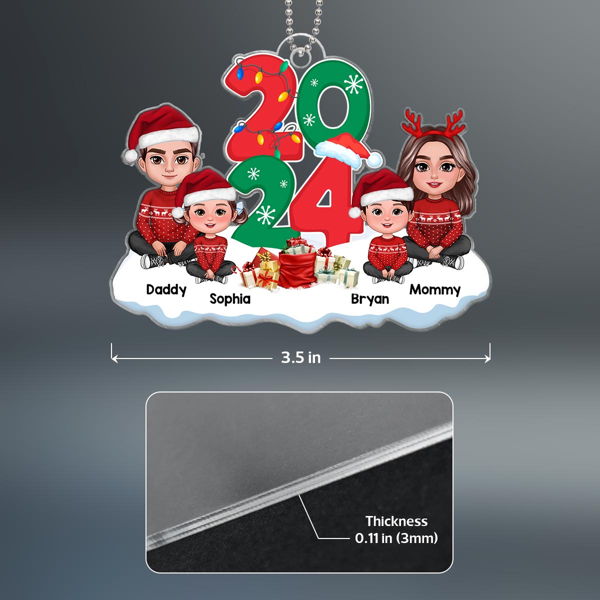 Family Dad Mom Kids Dogs Cats Crossed Legs Sitting By 2024 Christmas Gift Personalized Acrylic Ornament
