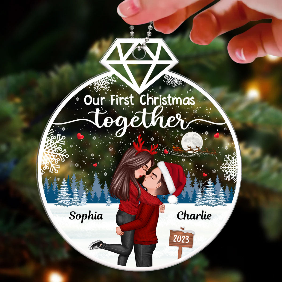 Our First Christmas Ring Shape Doll Couple Hugging Kissing Personalized Acrylic Ornament
