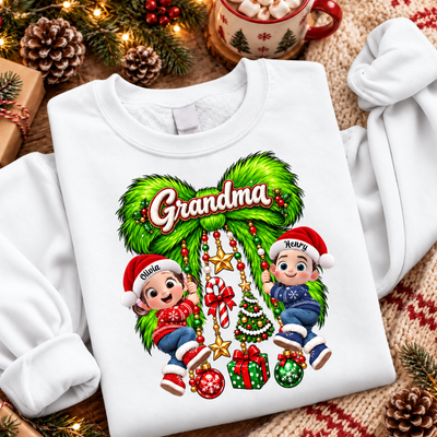 Cute Grandkids Green Bow Charm - Personalized Shirt - Trendy Christmas Tee for Grandma, Christmas Gift for Mom, Wife