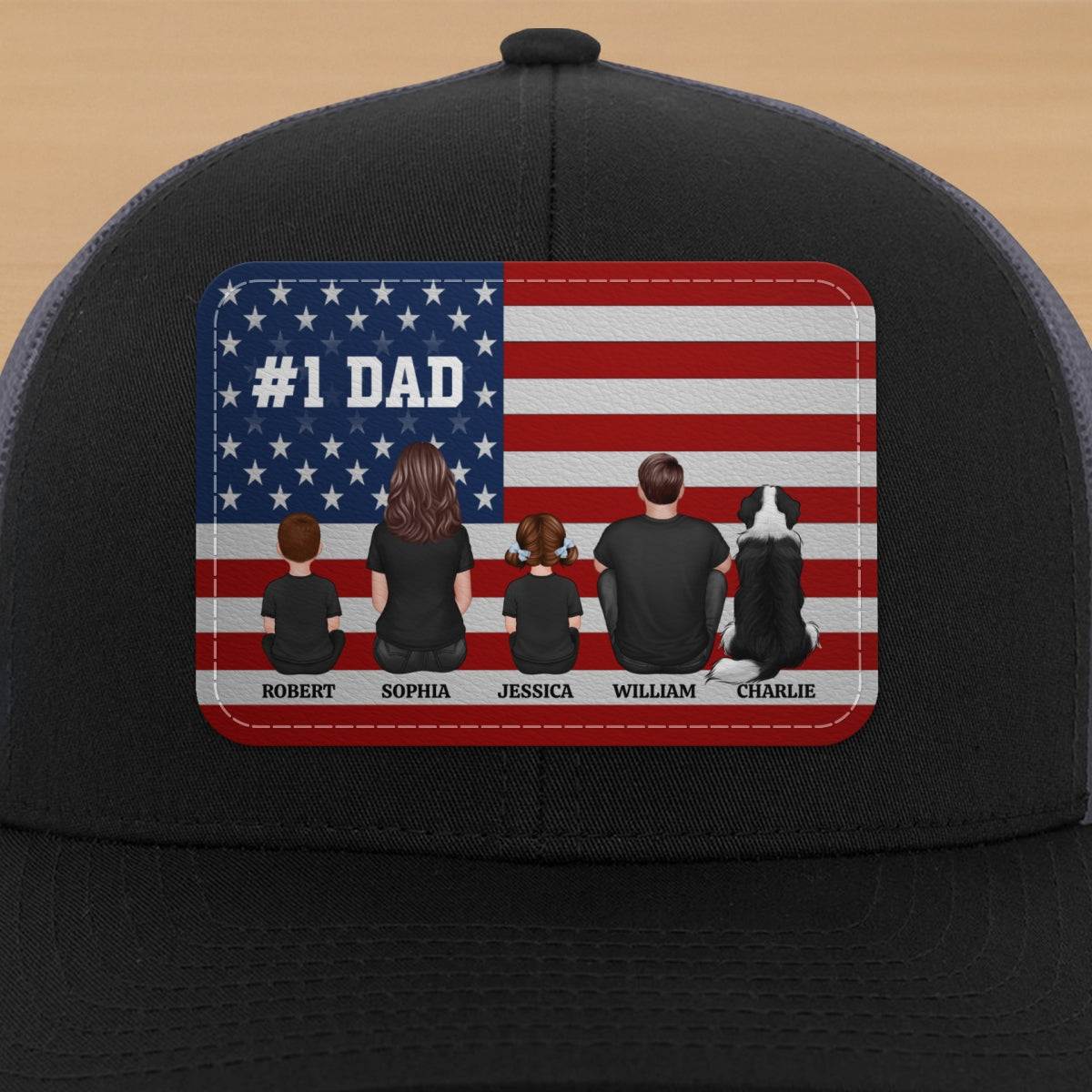 Nation Flag Dad And Kids Sitting Personalized Leather Patch Hat, Gift For Dad