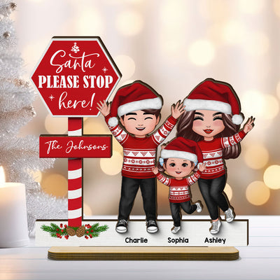 Santa Please Stop Here Family Christmas Decor Personalized 2-Layer Standing Wooden Plaque