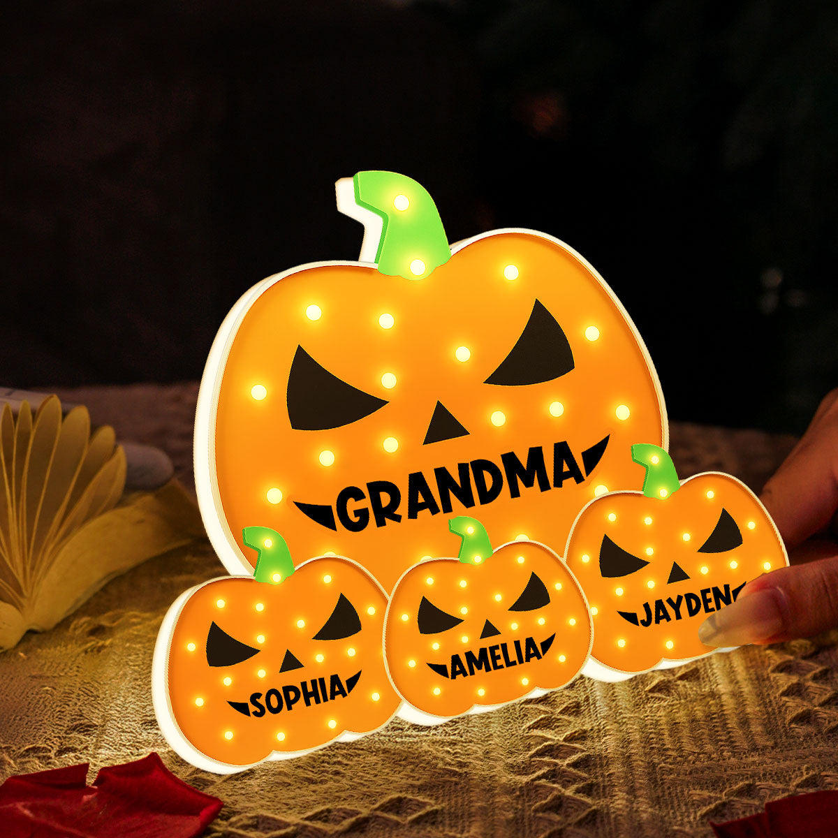 3D Effect Marquee Pattern Halloween Grandma And Grandkids Pumpkins - Personalized Light Box - Gift For Grandmas