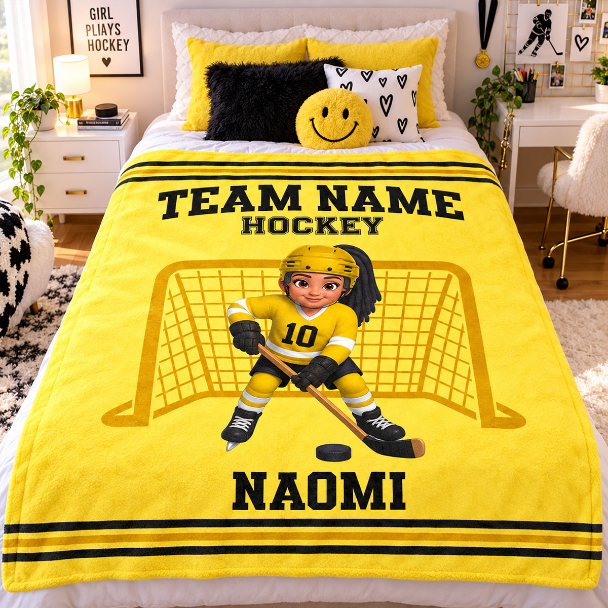 Hockey Boy Girl Custom Name And Team Name - Personalized Fleece Blanket - Christmas Gift For Hockey Players, Grandson, Son, Granddaughter, Daughter
