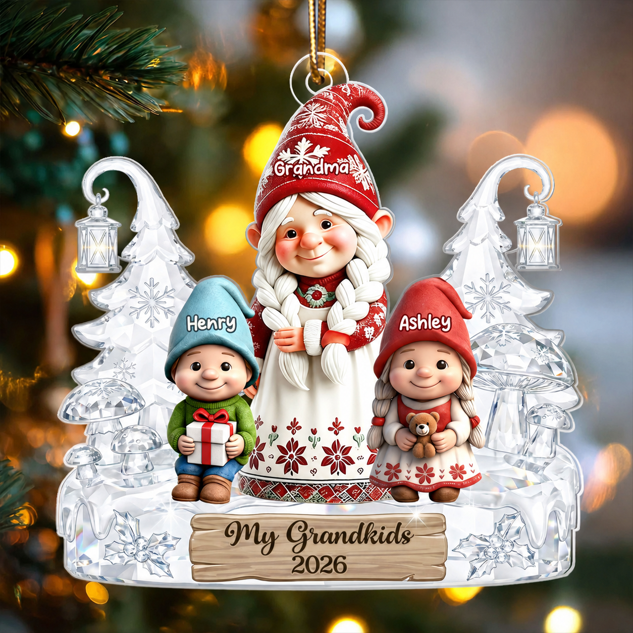 Gnome Grandma And Grandkids Pattern Crystal - Personalized Acrylic Ornament - Heartwarming Christmas Gift For Grandma, Family