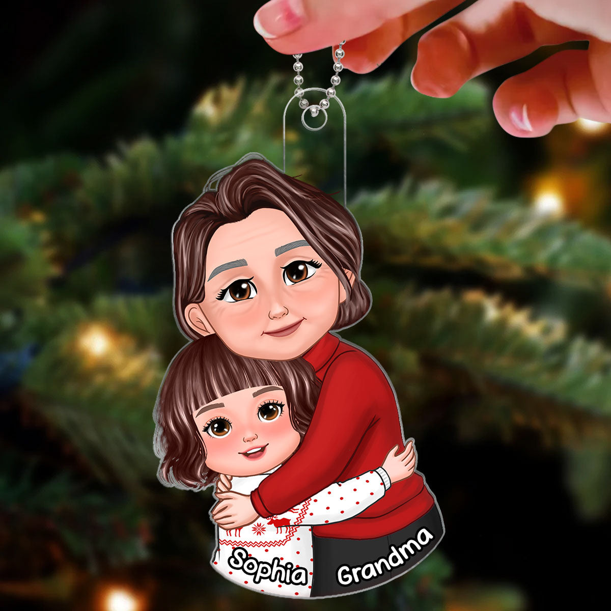 Christmas Happy Face Grandma & Grandkid Hugging Personalized Acrylic Ornament