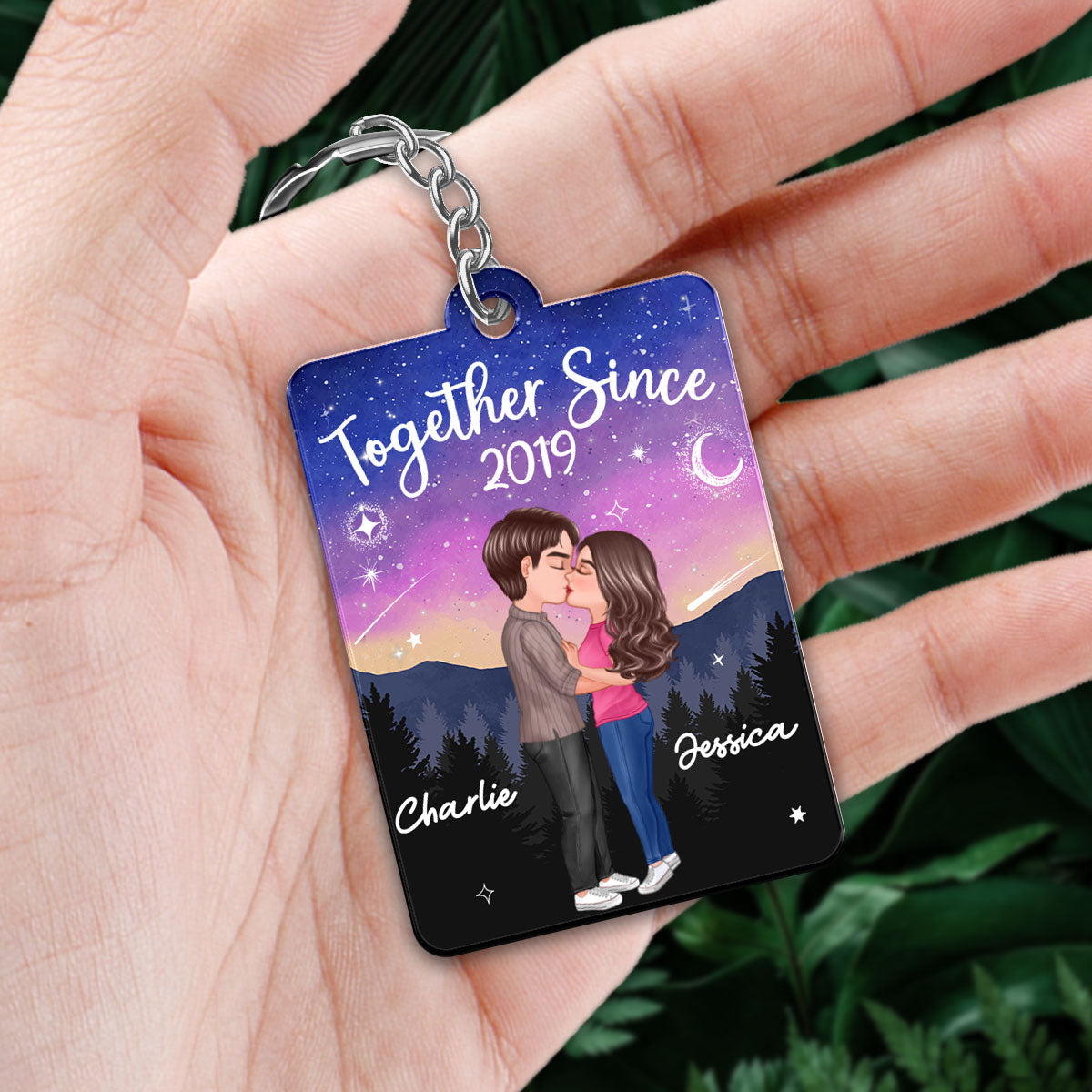 Doll Couple Kissing In Galaxy Night Favorite Song Scannable QR Code Personalized Acrylic Keychain
