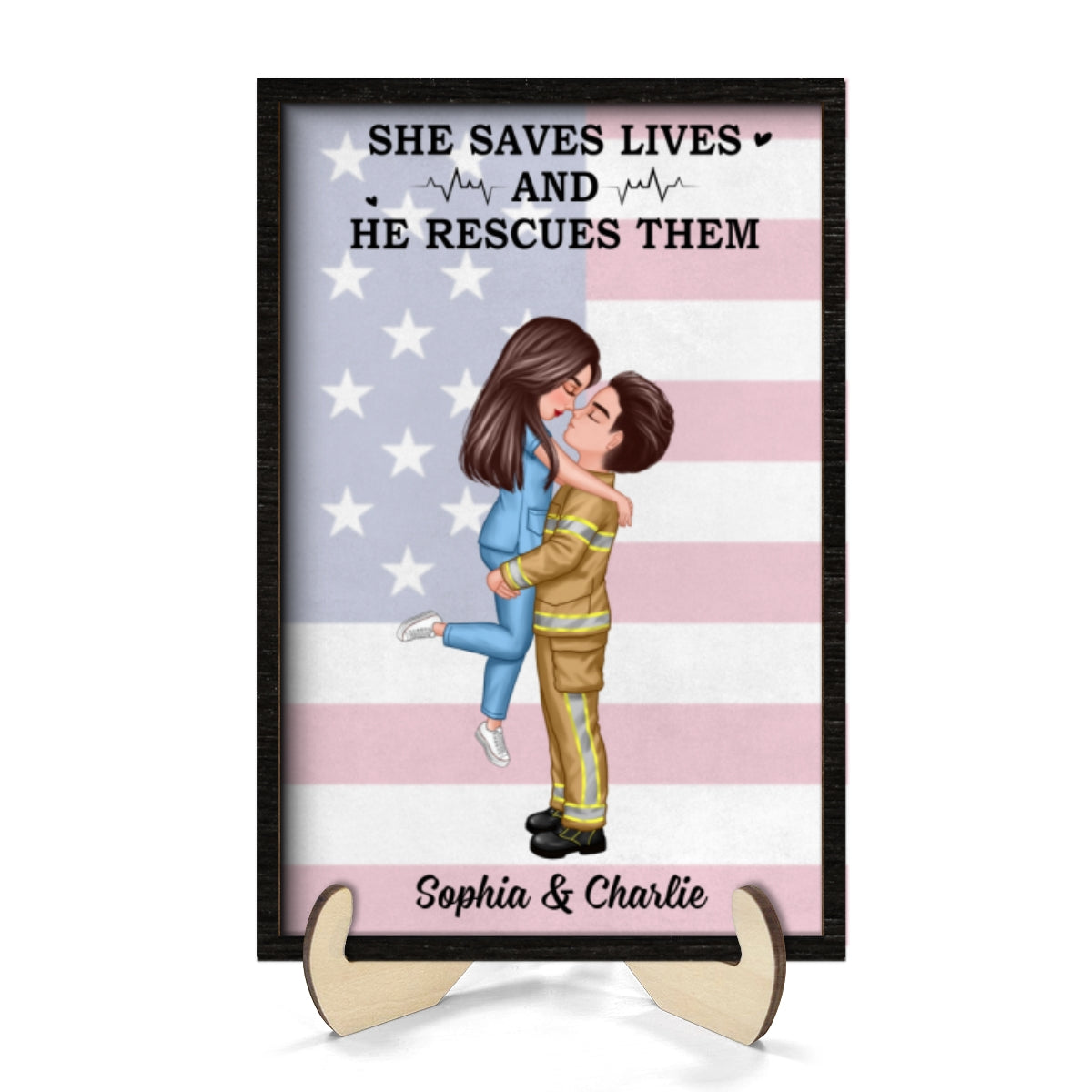 Nation Flag Couple Valentine‘s Day Gifts by Occupation Gift For Her Gift For Him Firefighter, Nurse, Police Officer Personalized 2-Layer Wooden Plaque