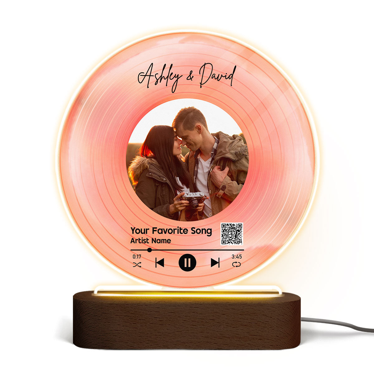 Couple Photo & Favorite Song Scannable QR Code Personalized Acrylic Circle LED Night Light