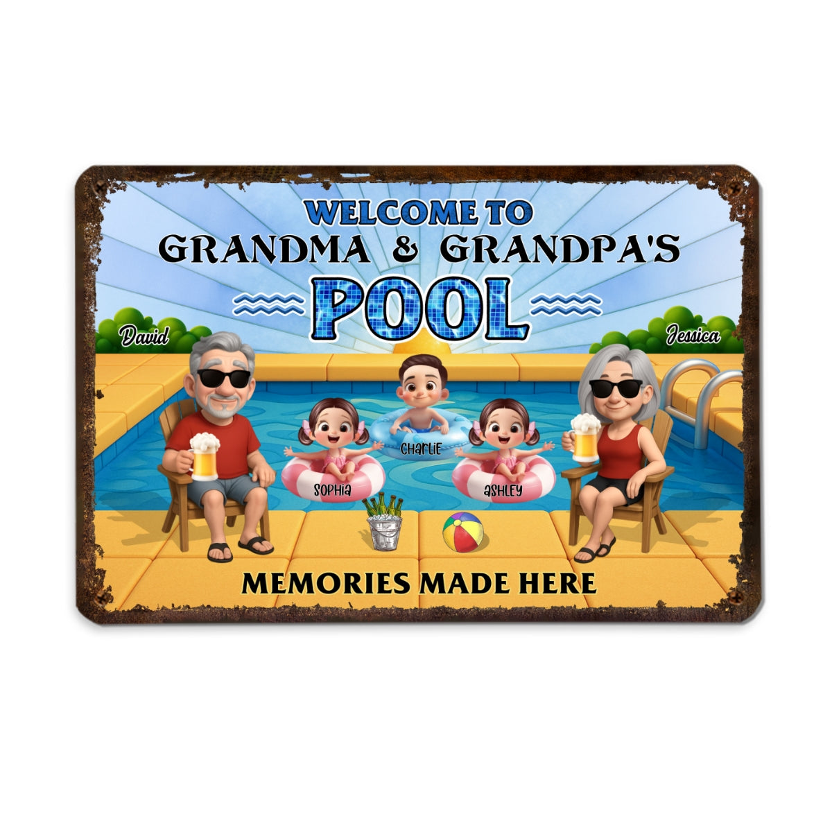 Grandparents Sitting with Grandkids Personalized Metal Sign, Grandparents Hosting Grandkids Summer Swimming Pool Sign
