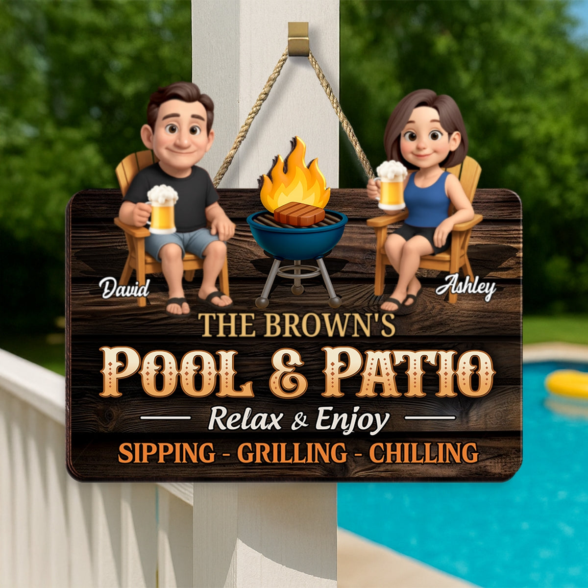 Couple Pool & Patio Sipping Grilling Chilling Personalized Wood Sign