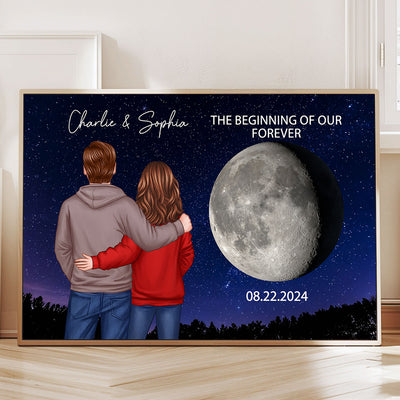 Back View Couple Custom Moon Phases The Day We Met Personalized Poster, Heartfelt Gift For Couple, For Him, For Her, Boyfriend, Girlfriend, Husband, Wife