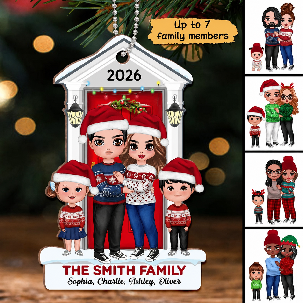 Doll Family Standing On The Front Porch Christmas Personalized Wooden Ornament