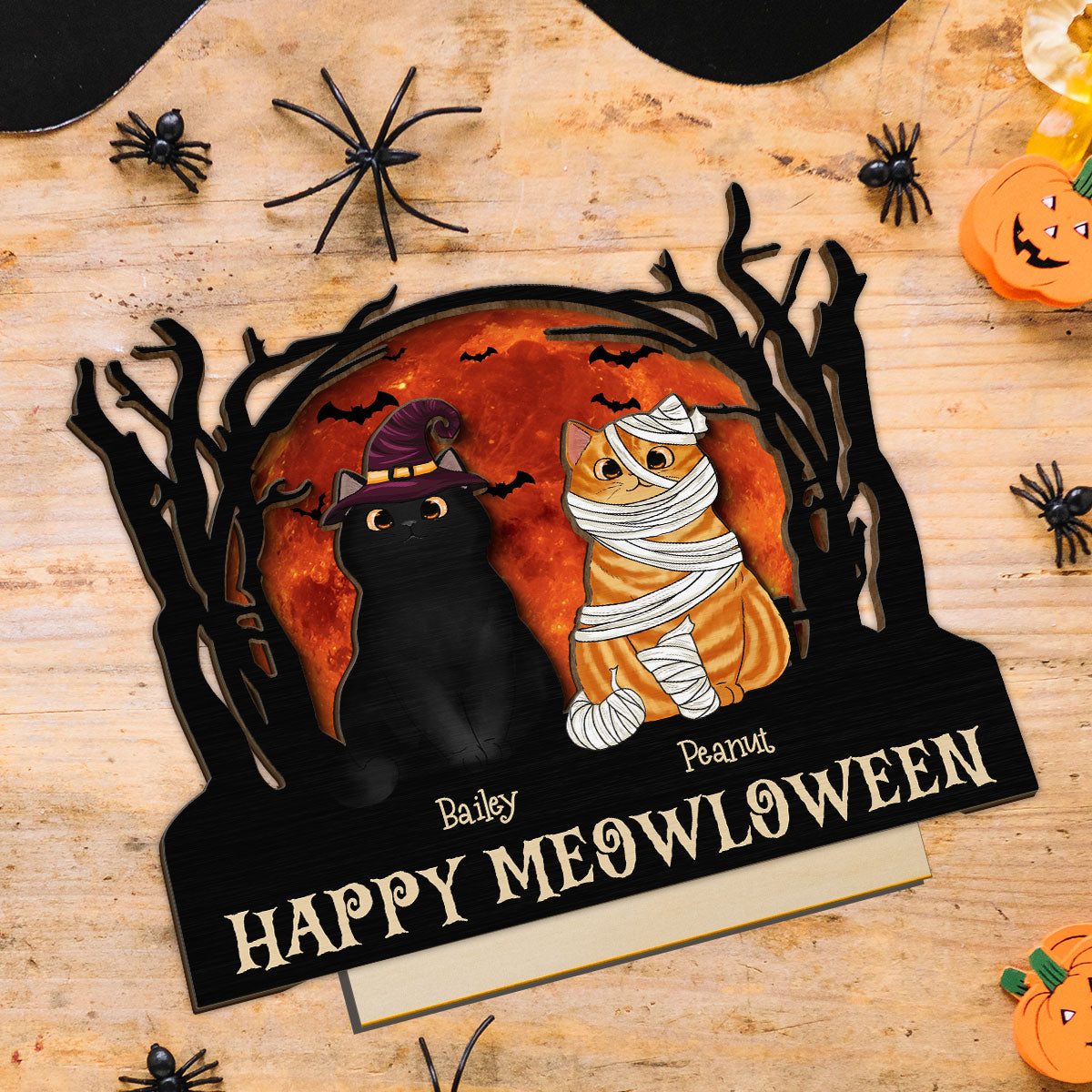 Stay Spooky Halloween Moon Scene Cat Lover Tabletop Tier Tray Decor Personalized 2-Layer Standing Wooden Plaque