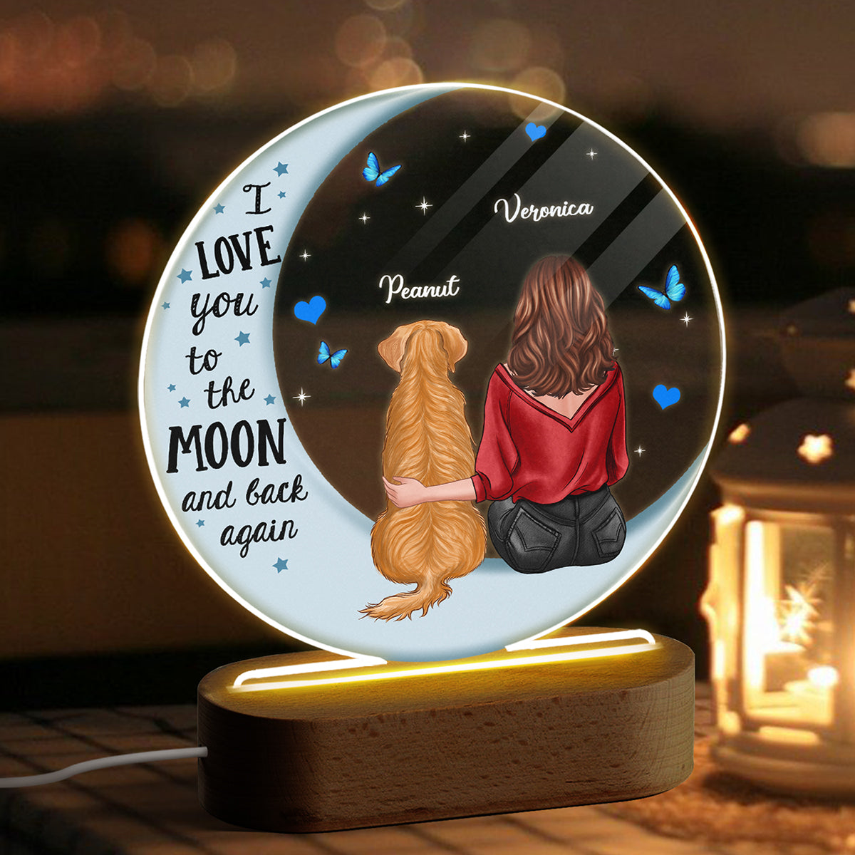 Dog Mom Blue Moon Personalized Circle Plaque LED Night Light - Acrylic LED Lamp - Valentine‘s Day Gift For Him, Gift For Her