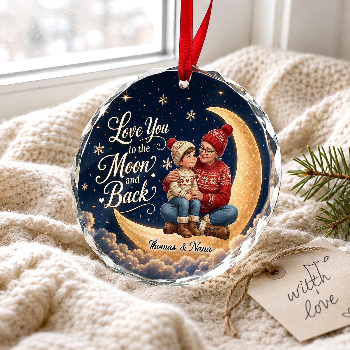 Love You To The Moon And Back Grandma Grandkid Portrait From Your Photo - Personalized Glass Ornament - Christmas Gift For Grandchildren