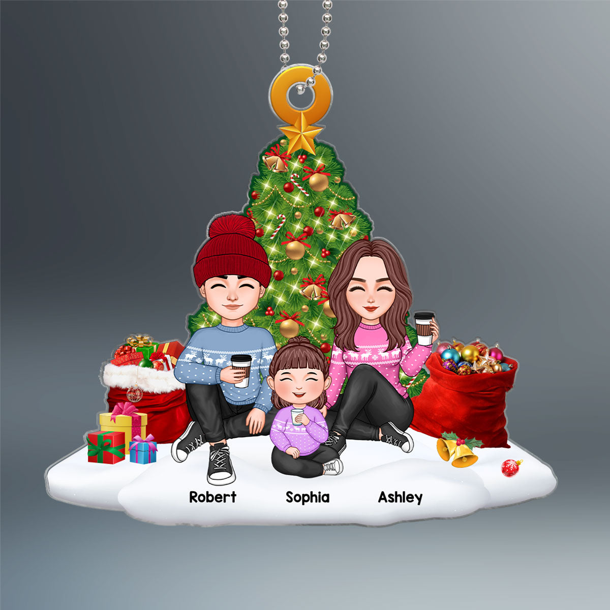 Family Sitting On Snow Christmas Tree Personalized Acrylic Ornament