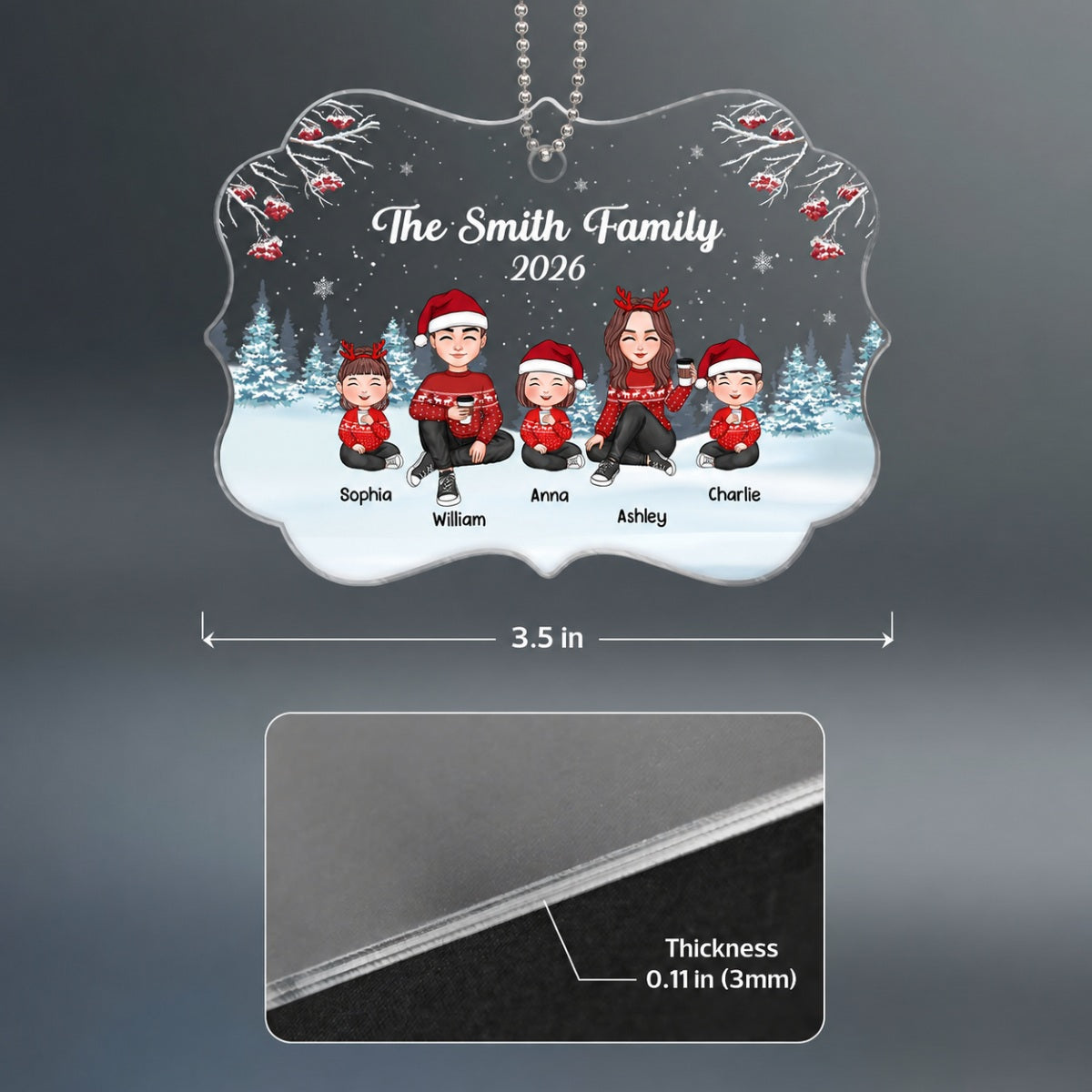 Christmas Berry Tree Cute Family Dad Mom Kids Dogs Cats Sitting In Snow Personalized Acrylic Ornament