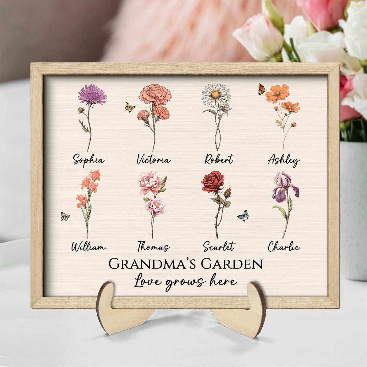 Vintage Birth Month Flowers Grandma Mom Garden Love Grows Here Mother‘s Day Gift Personalized 2-Layer Wooden Plaque