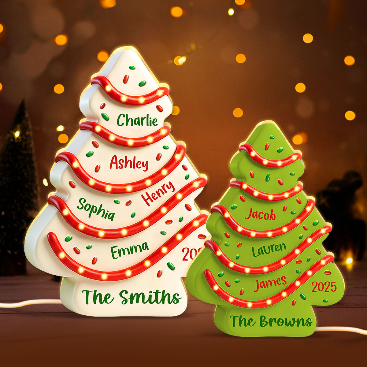 Family Names 3D Effect Christmas Tree Cake Personalized Light Box, Christmas Decor