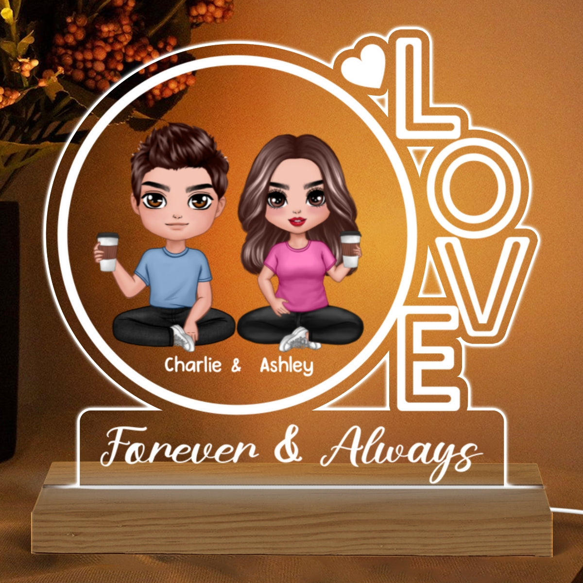LOVE Doll Couple Sitting Personalized Custom Shaped Acrylic Plaque With Warm LED Night Light