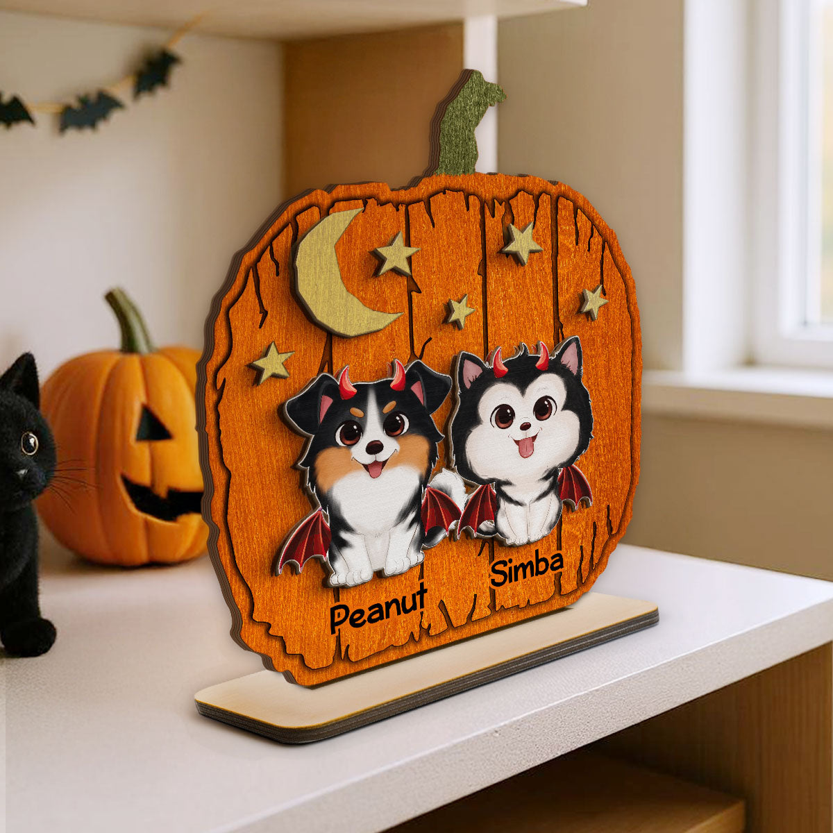 Halloween Dog Pumpkin Shaped Personalized 2-Layer Standing Wooden Plaque