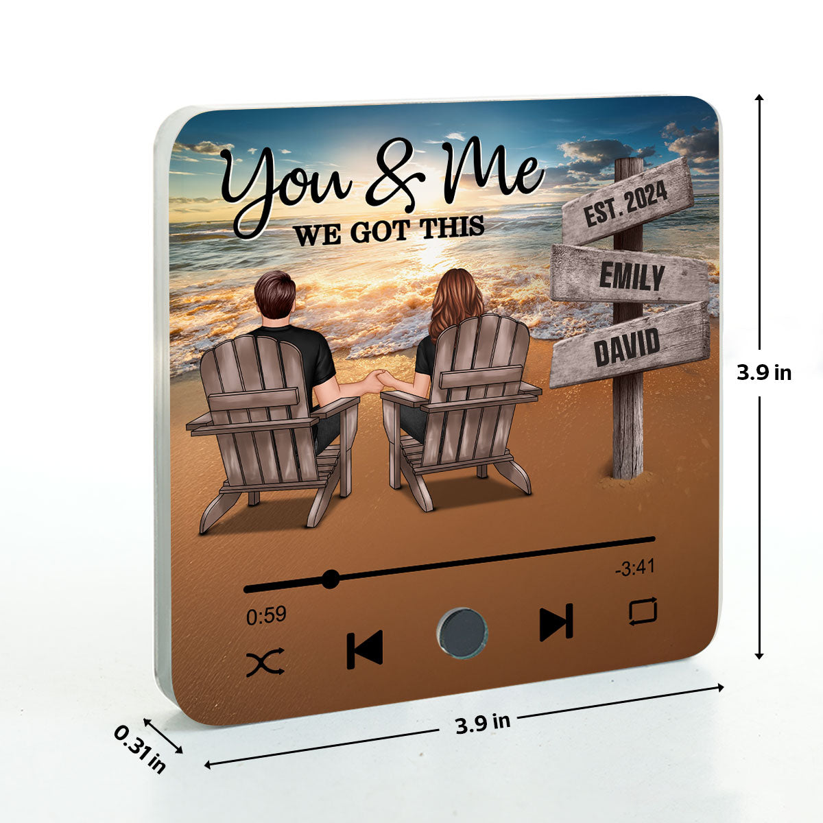 Romantic Beach Landscape Couple Sitting Holding Hands Sign Posts Personalized Bluetooth Music Fridge Magnet, Heartfelt Gift For Couple, For Him, For Her, Boyfriend, Girlfriend, Husband, Wife