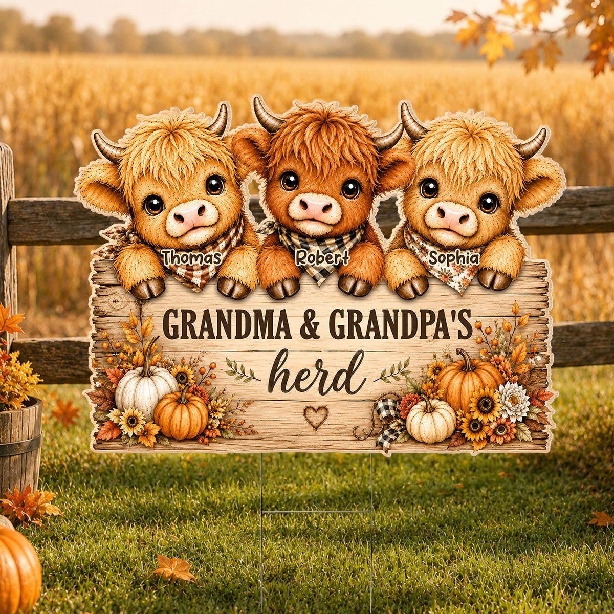 Cozy Warm Fall Season Grandpa Grandma's Herd Highland Cows - Personalized Yard Sign - Fall Decor For Grandparents