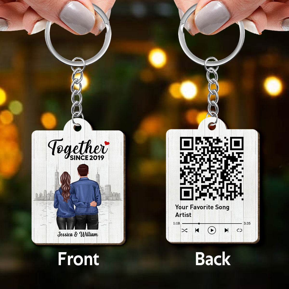Denim Back View Couple Standing Hugging Favorite Song Scannable QR Code Personalized Wooden Keychain