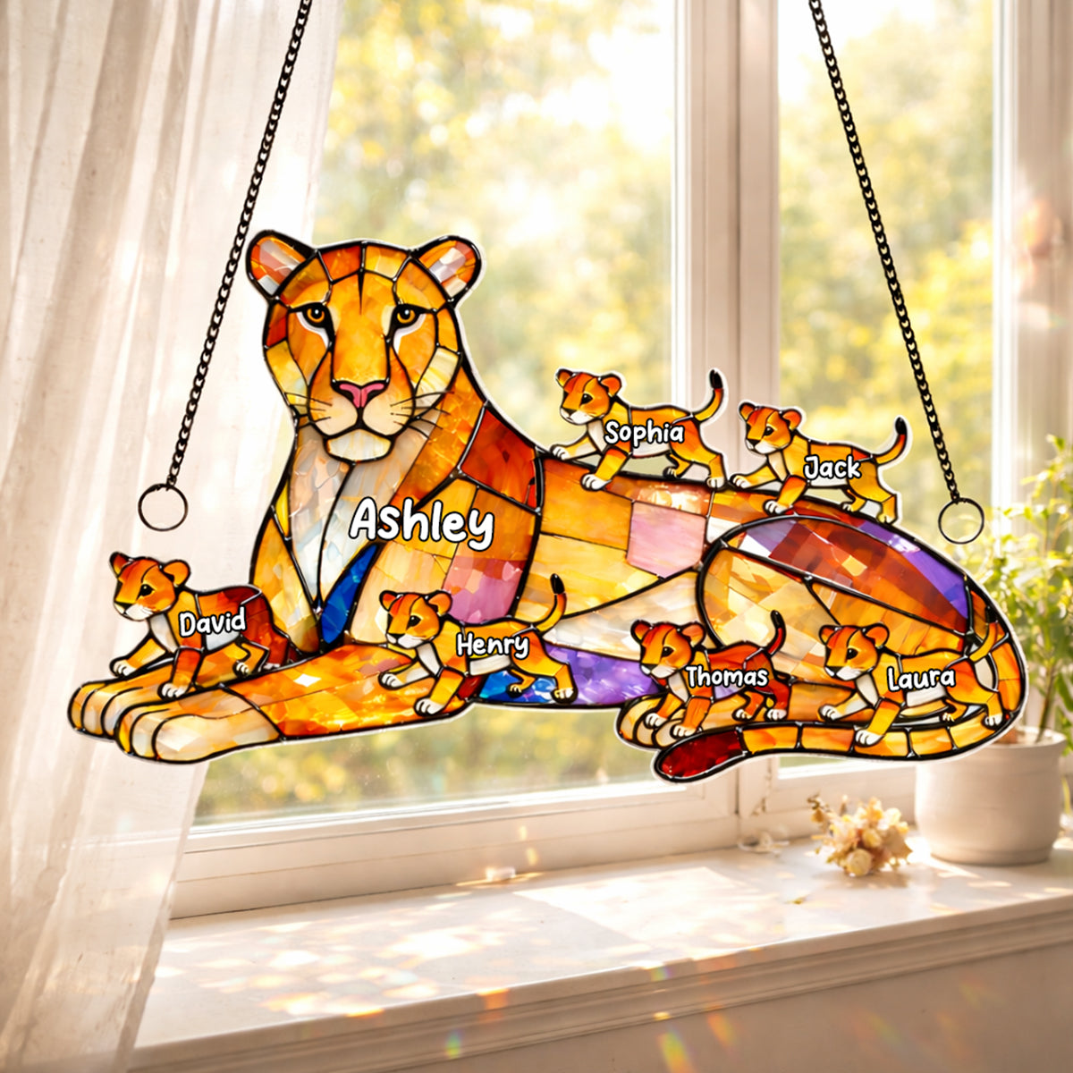 Lion Mom And Kids - Personalized Suncatcher - Gift For Mom, Grandma