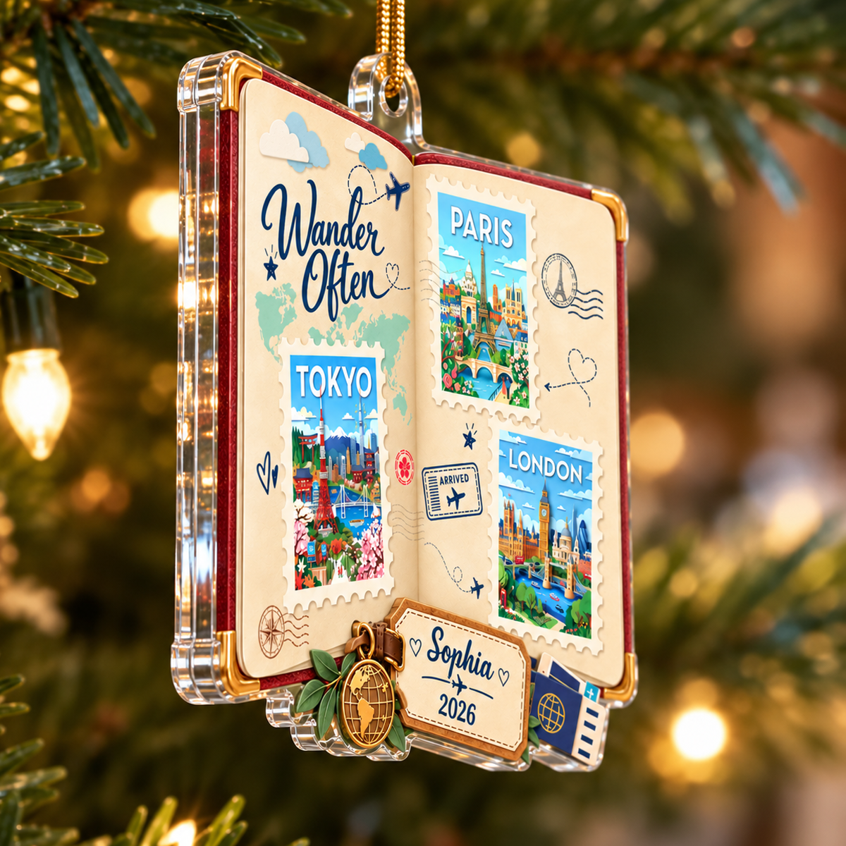 Travel Scrapbook Journal Stamps 2D Flat Printed - Personalized Acrylic Ornament - Traveling Destination Keepsake, Christmas Gift For Traveling Lovers
