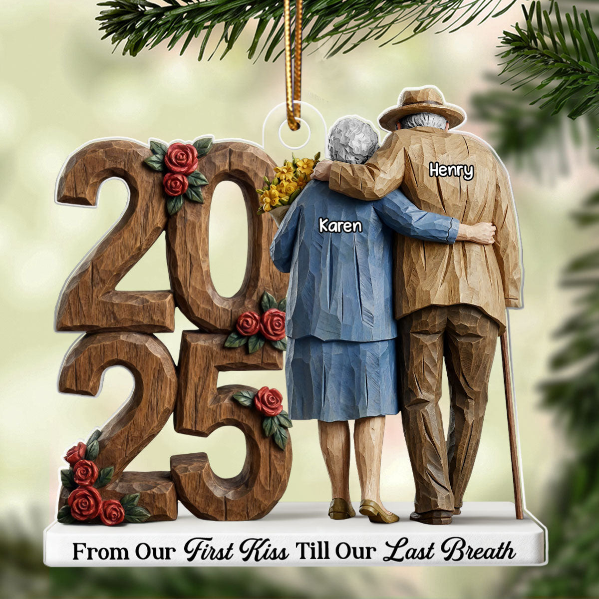 Old Couple Back View Hugging Faux Wood - Personalized Acrylic Ornament - Heartwarming Christmas Gift For Him, For Her, For Couple