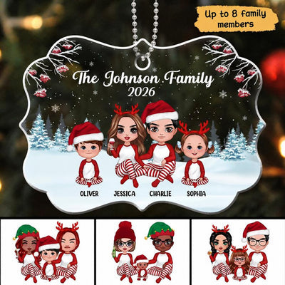 Pajamas Doll Family Sitting In Snow Personalized Acrylic Ornament