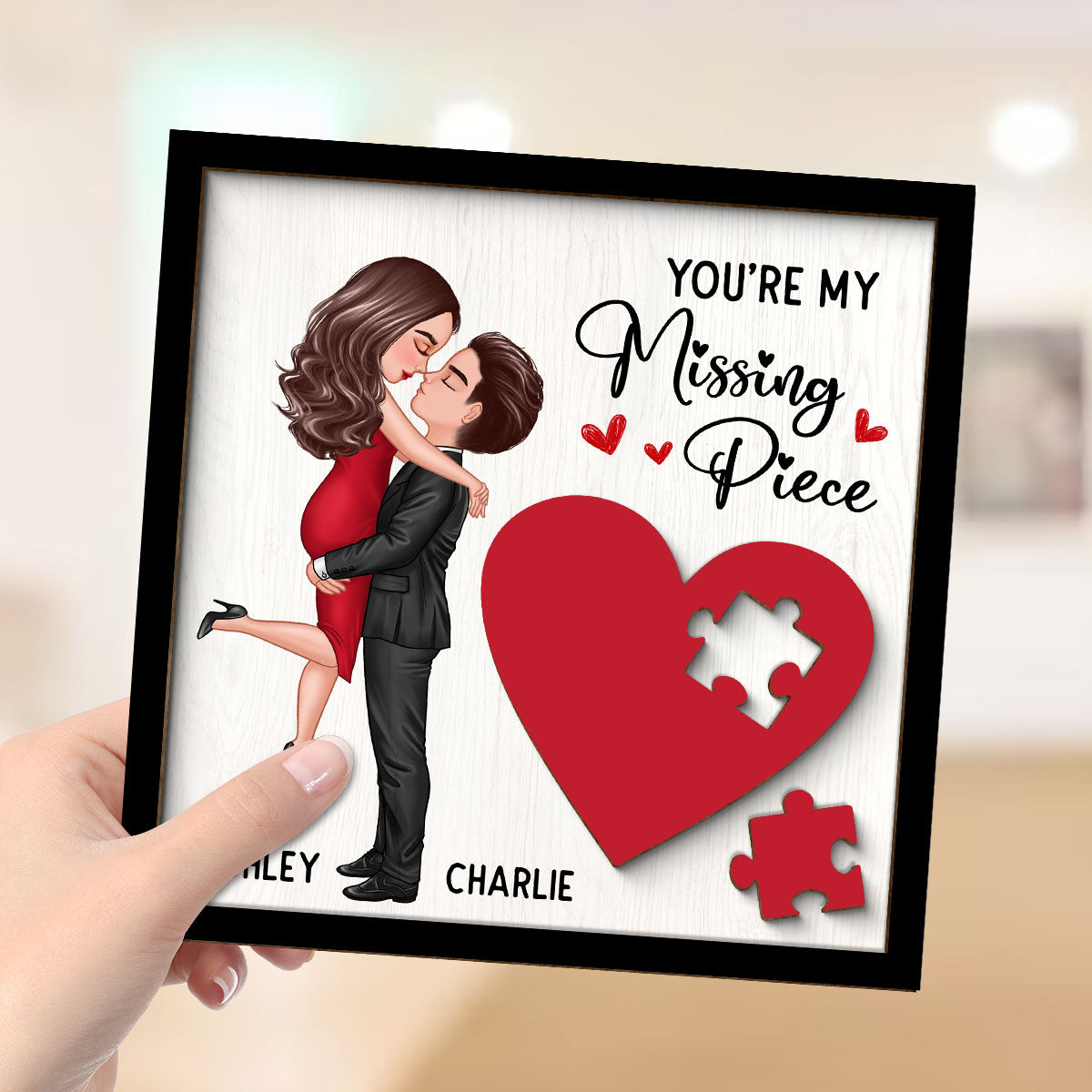 Couple Missing Piece Red Heart Personalized 2-Layer Wooden Plaque, Valentine‘s Day Gift For Him, For Her