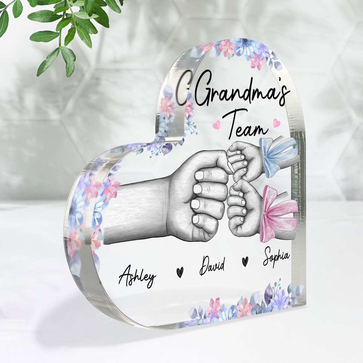 Grandma Mom‘s Team Fist Bump With Bows Personalized Heart Acrylic Plaque