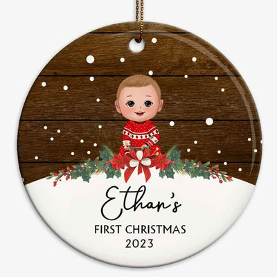 Snow Wood Baby Doll First Christmas Personalized Circle Ornament