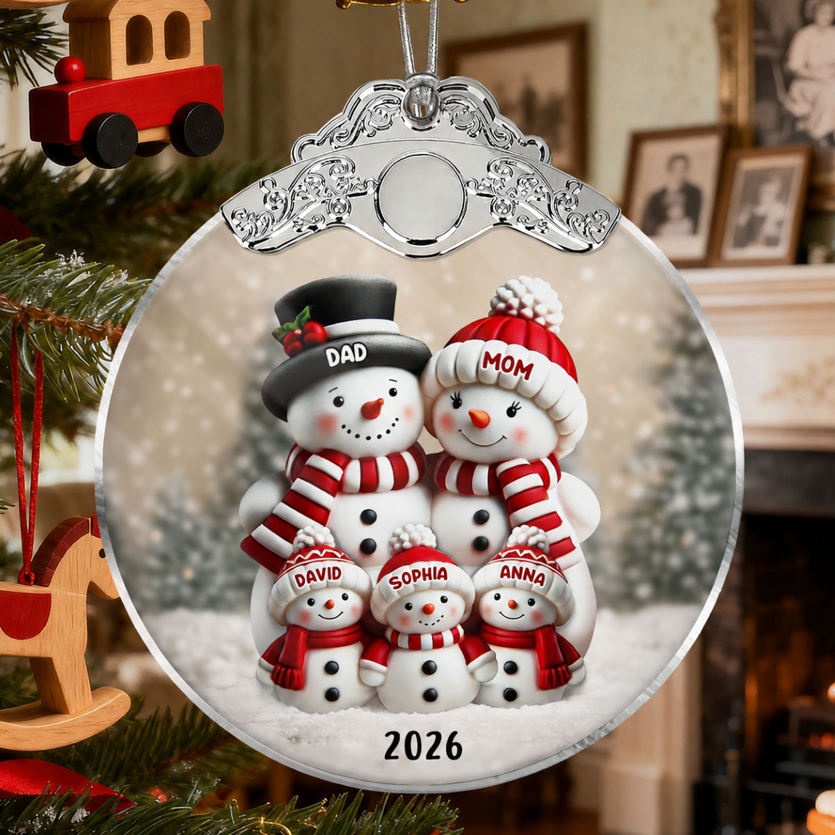 3D Effect Cute Snowman - Personalized Glass Ornament With Silver Cap - Christmas Decor For Family, Grandma, Grandpa