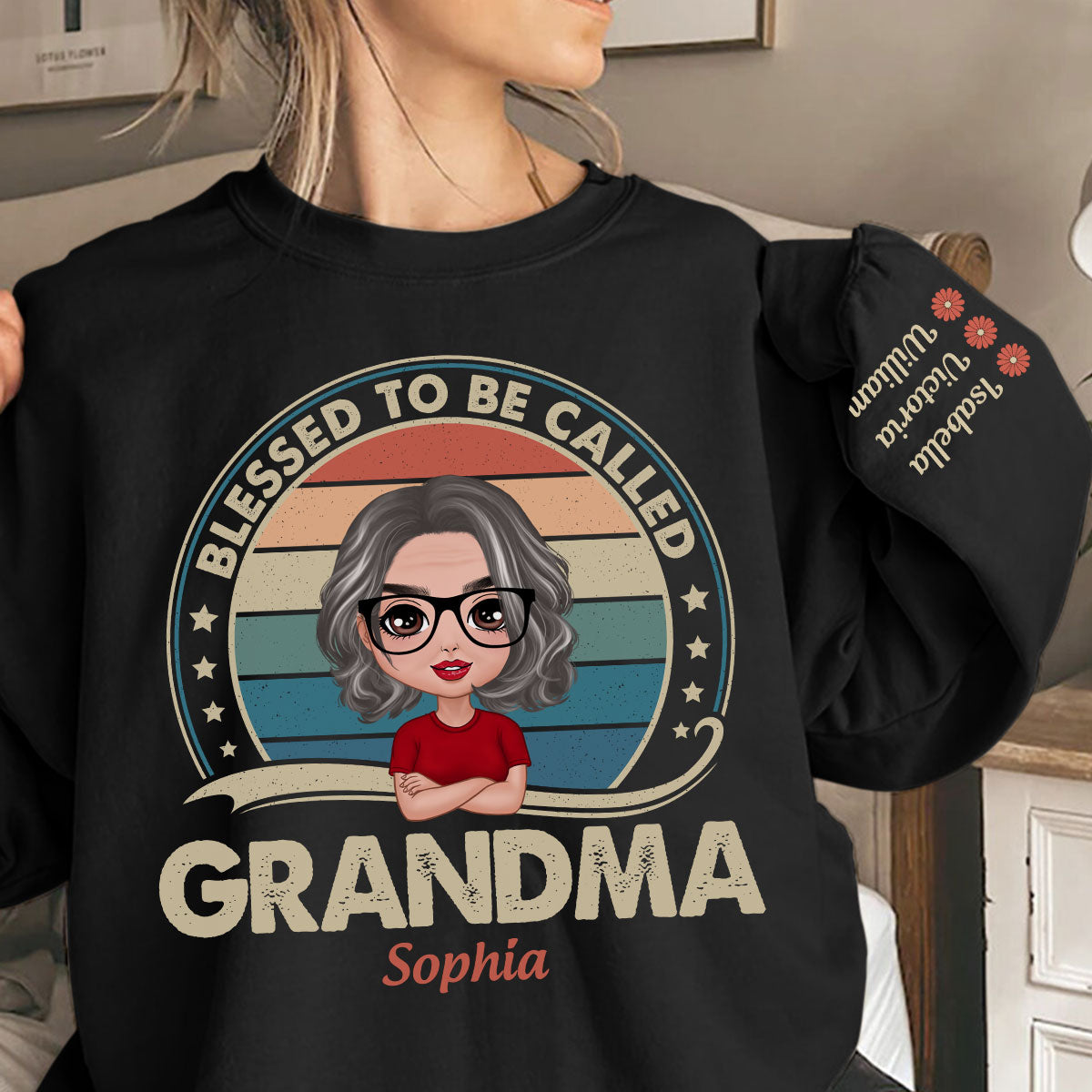 Retro Blessed To Be Called Grandma Personalized Sleeve Printed Sweatshirt