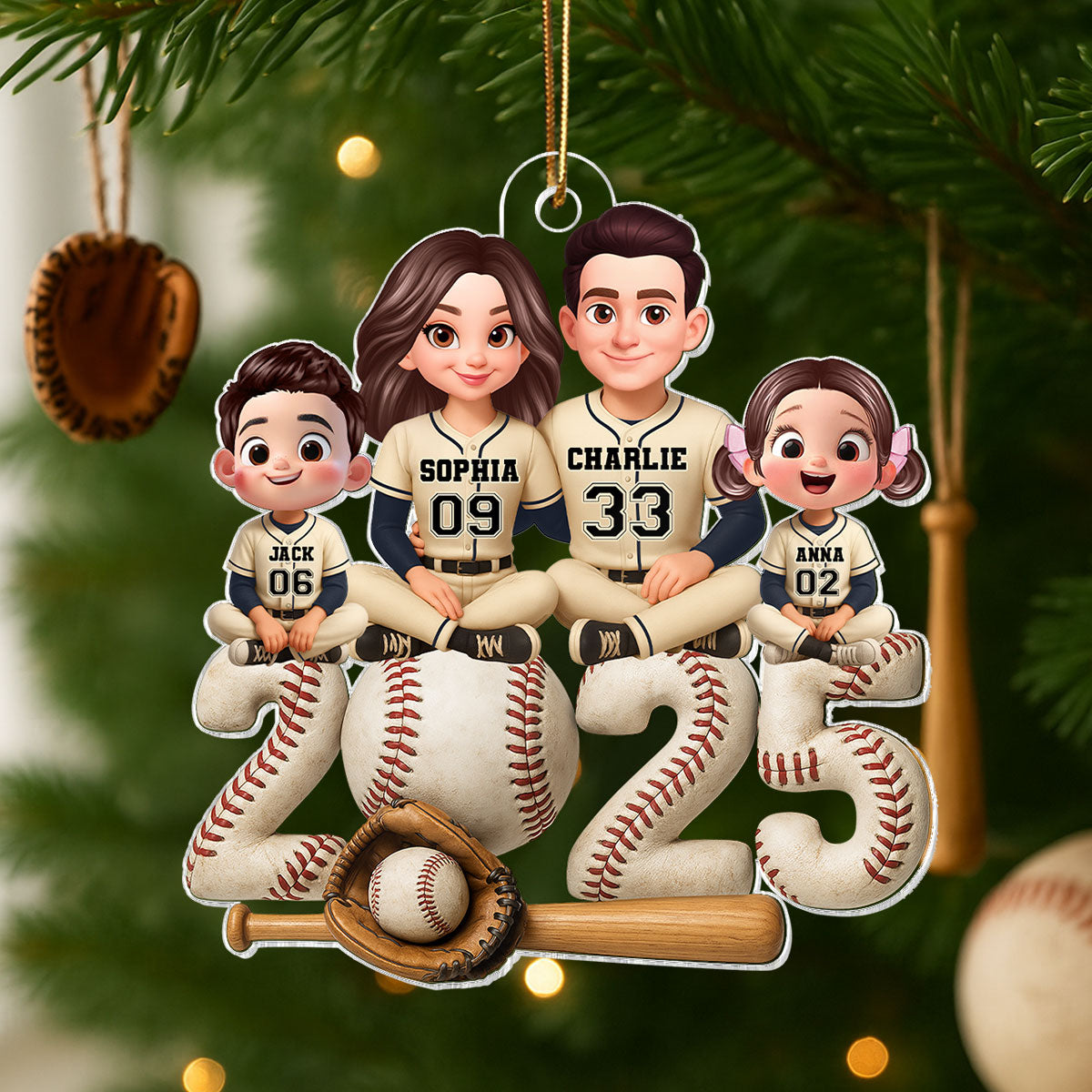 3D Effect Christmas Baseball Team Family - Personalized Acrylic Ornament