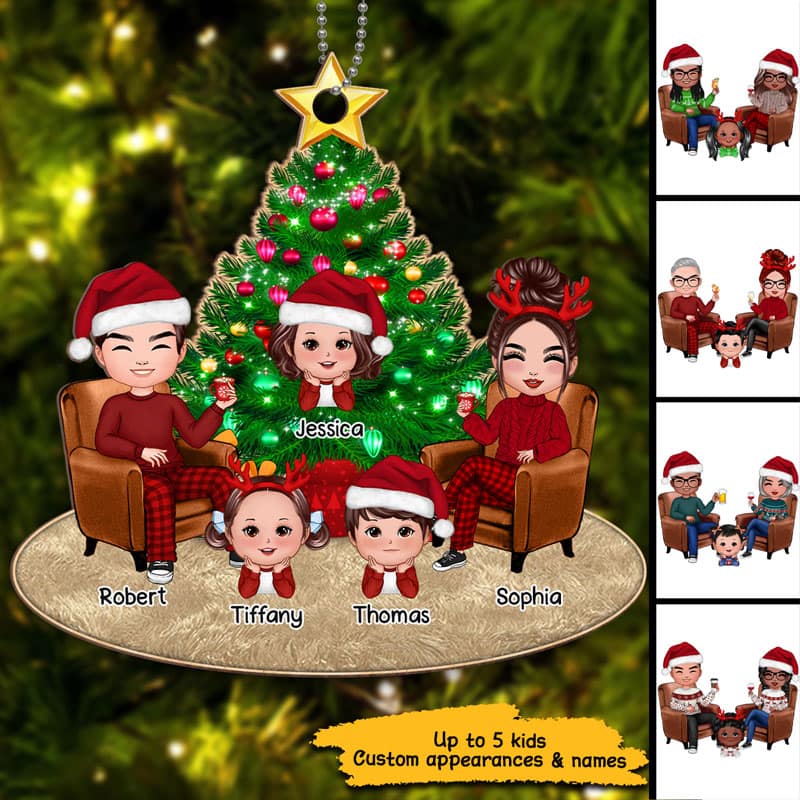 Doll Family Around Christmas Tree Personalized Wooden Ornament