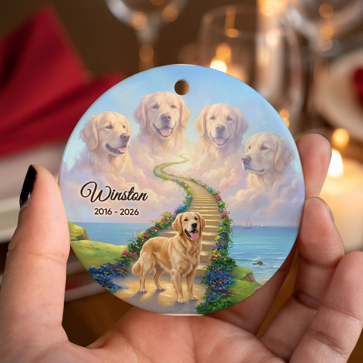 Pet Memorial Stairway To Heaven - Personalized Ceramic Ornament - Custom Pet Photo, Pet Loss Gift, Sympathy Gift
