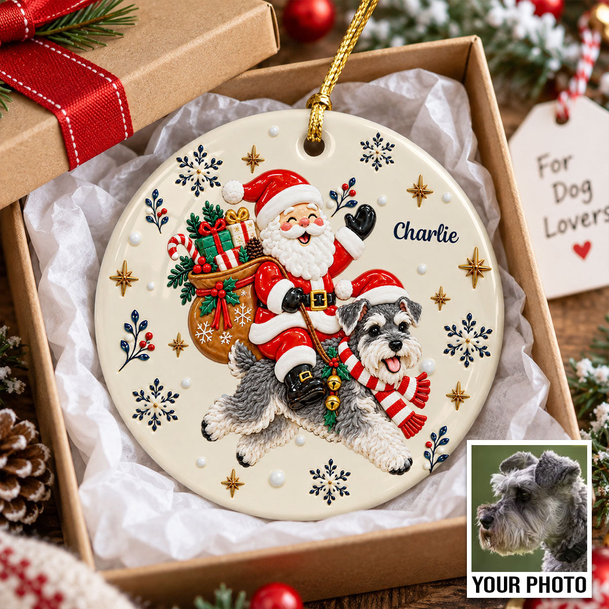 Santa On Dog's Back Upload Pet Photo 2D Flat Printed - Personalized Ceramic Ornament - Christmas Tree Decor For Dog Lover