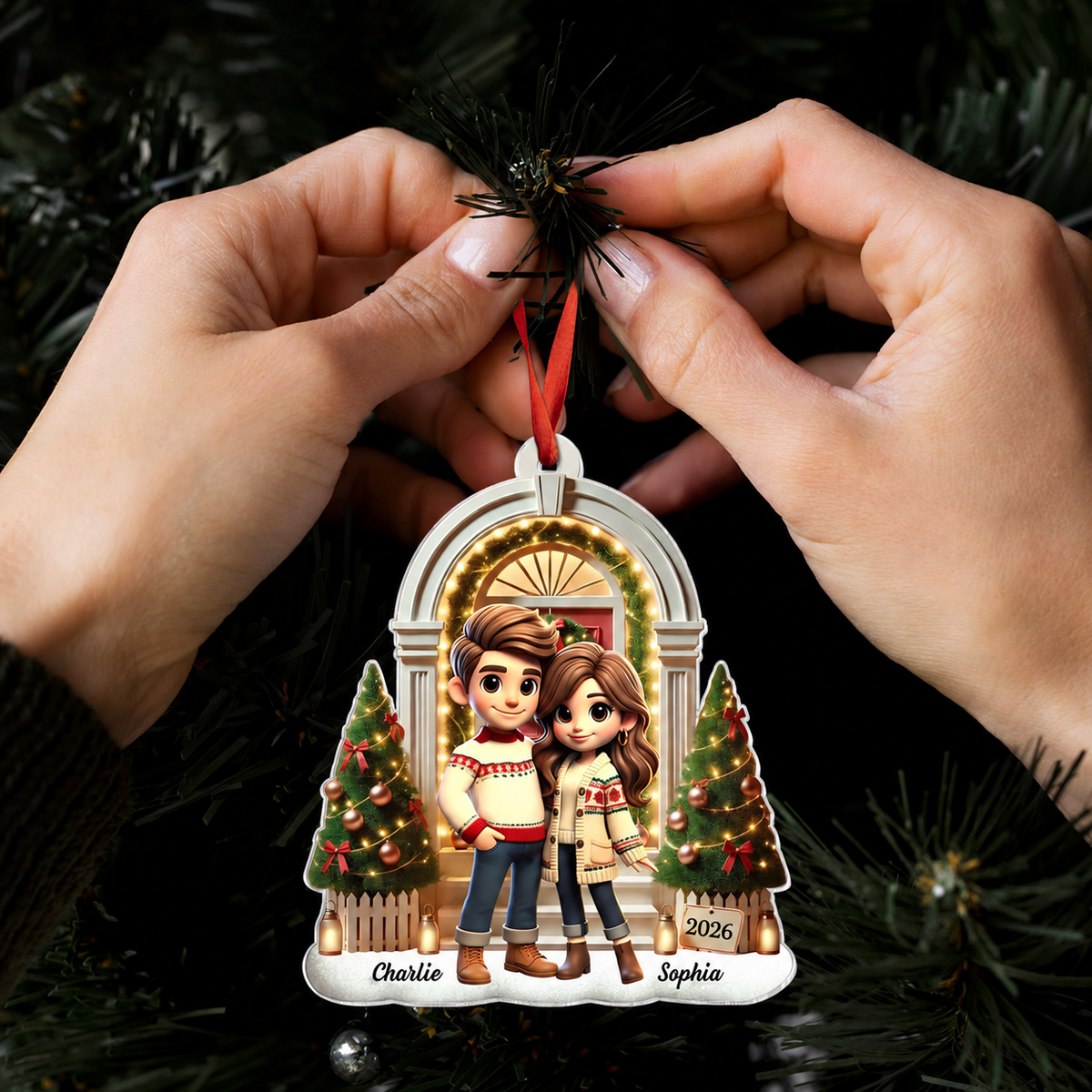 3D Effect Pretty Couple Standing On The Front Porch Personalized Acrylic Ornament, Unique Christmas Gift For Him For Her For The Couple